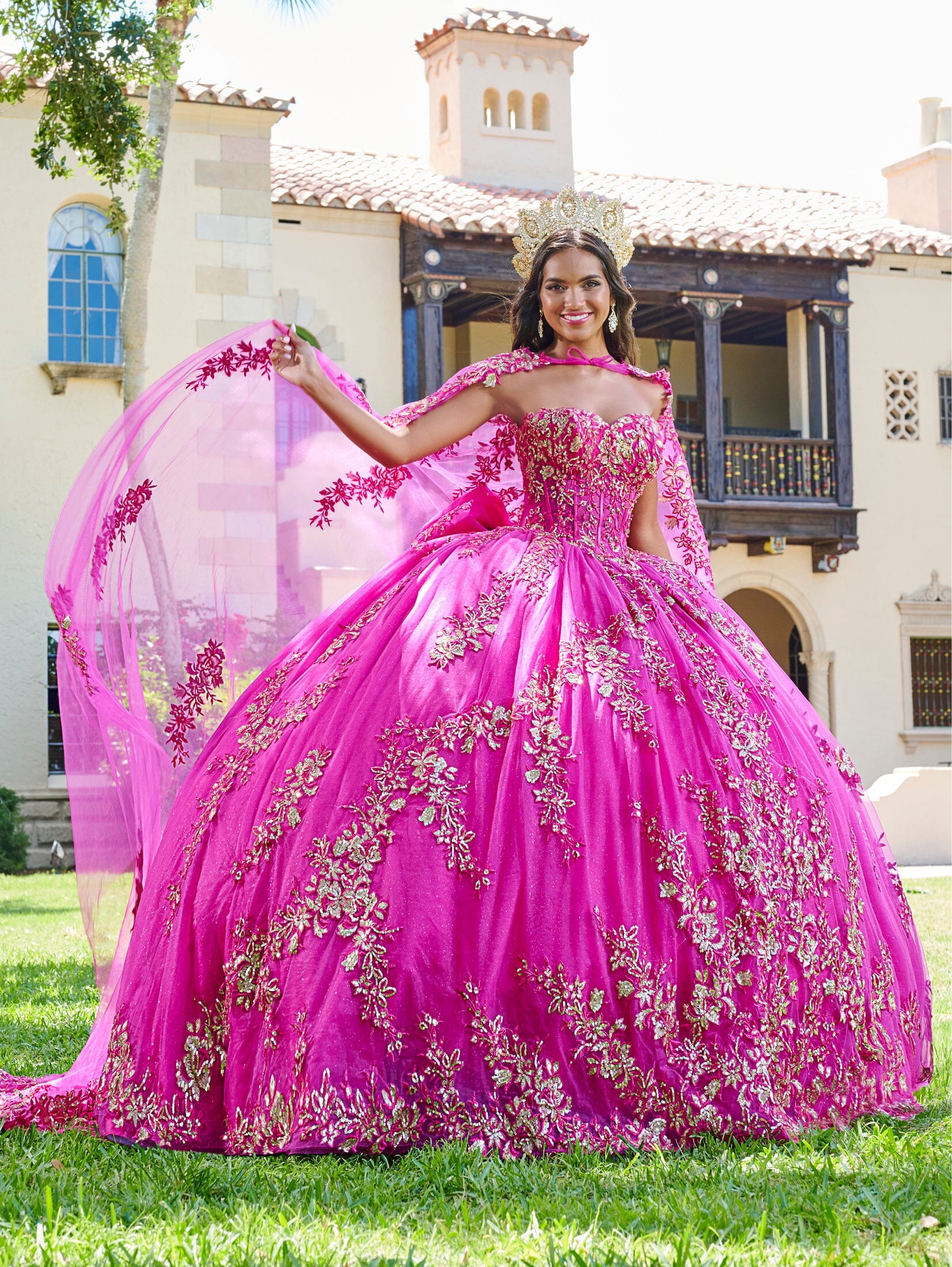 Puff Sleeve Cape Quinceanera Dress by House of Wu 26075 0 / Emerald/Gold Puff Sleeve Cape Quinceanera Dress by House of Wu 26075 0 / Emerald/Gold