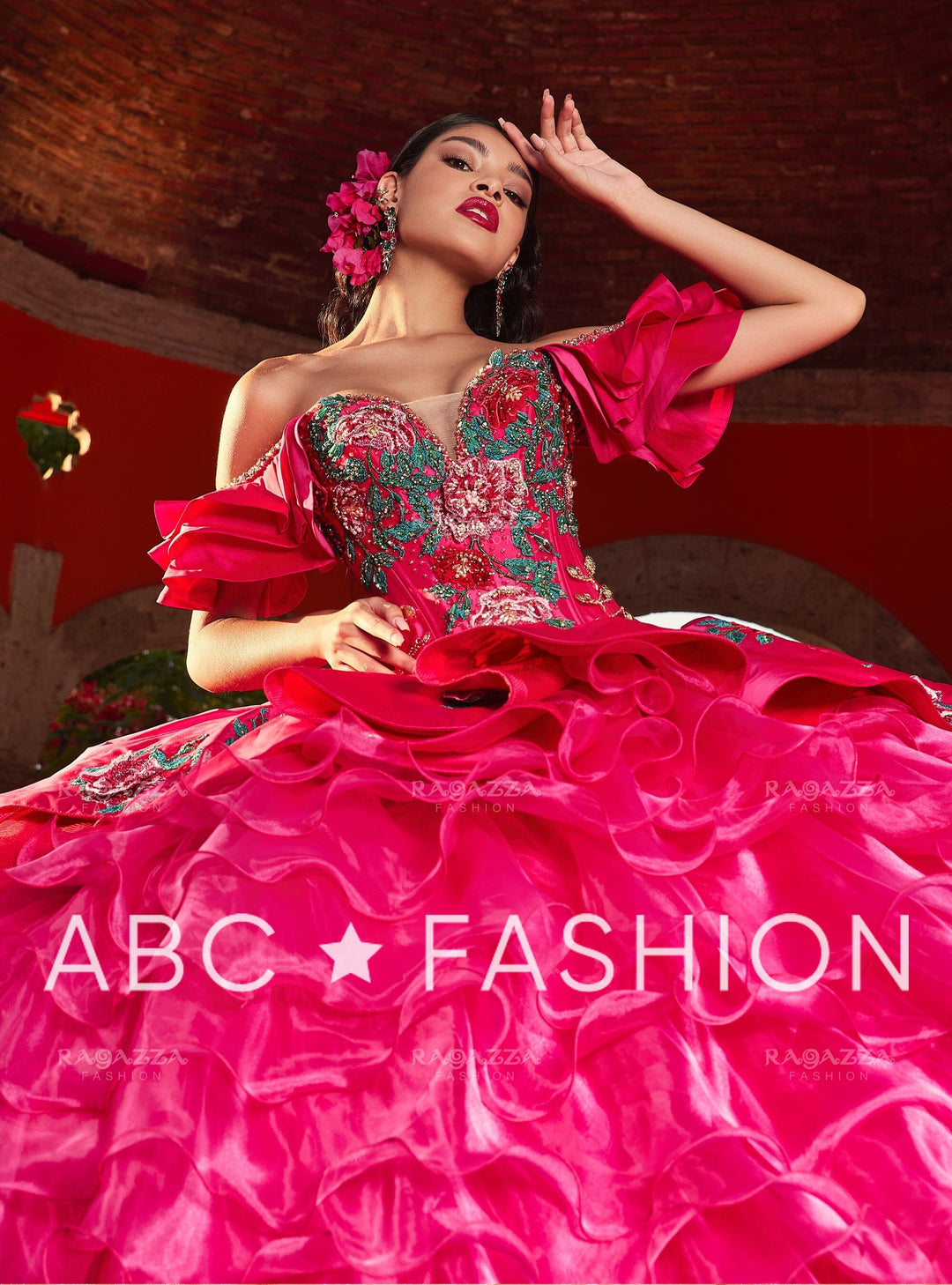 Ruffled Floral Charro Quinceanera Dress by Ragazza M44-144