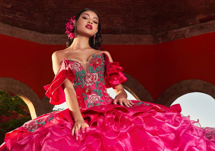 Ruffled Floral Charro Quinceanera Dress by Ragazza M44-144