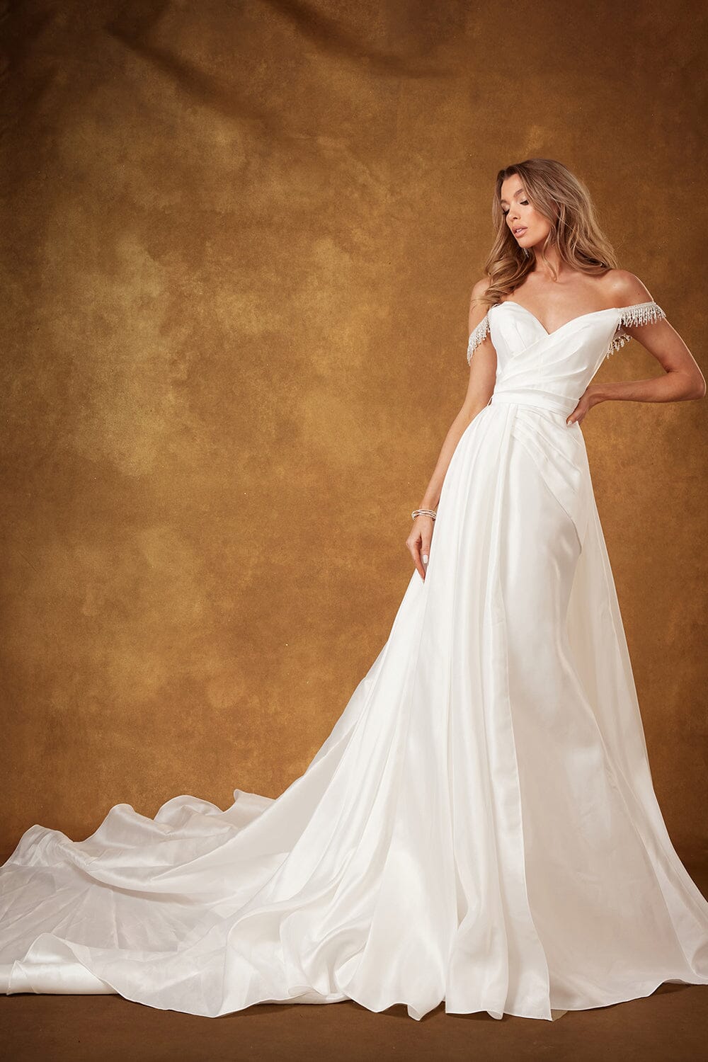 Satin Off Shoulder Bridal Gown by Abby Lane 97212 2 / Ivory Satin Off Shoulder Bridal Gown by Abby Lane 97212 2 / Ivory