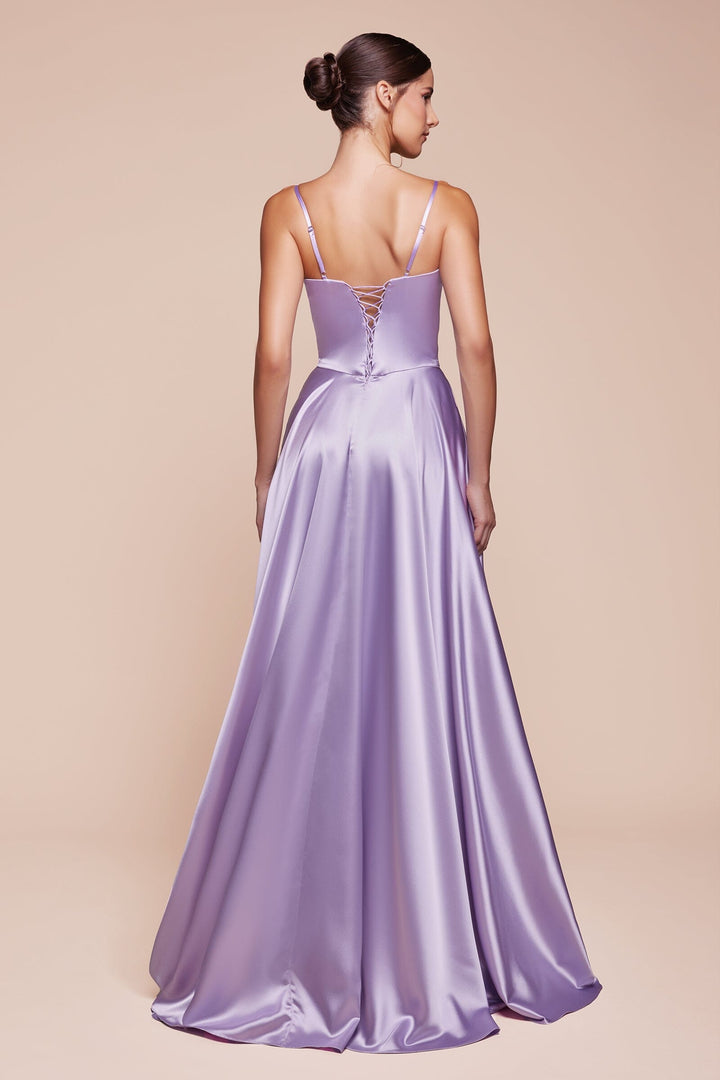 Satin Sleeveless Corset A-line Slit Gown by Ladivine CD337