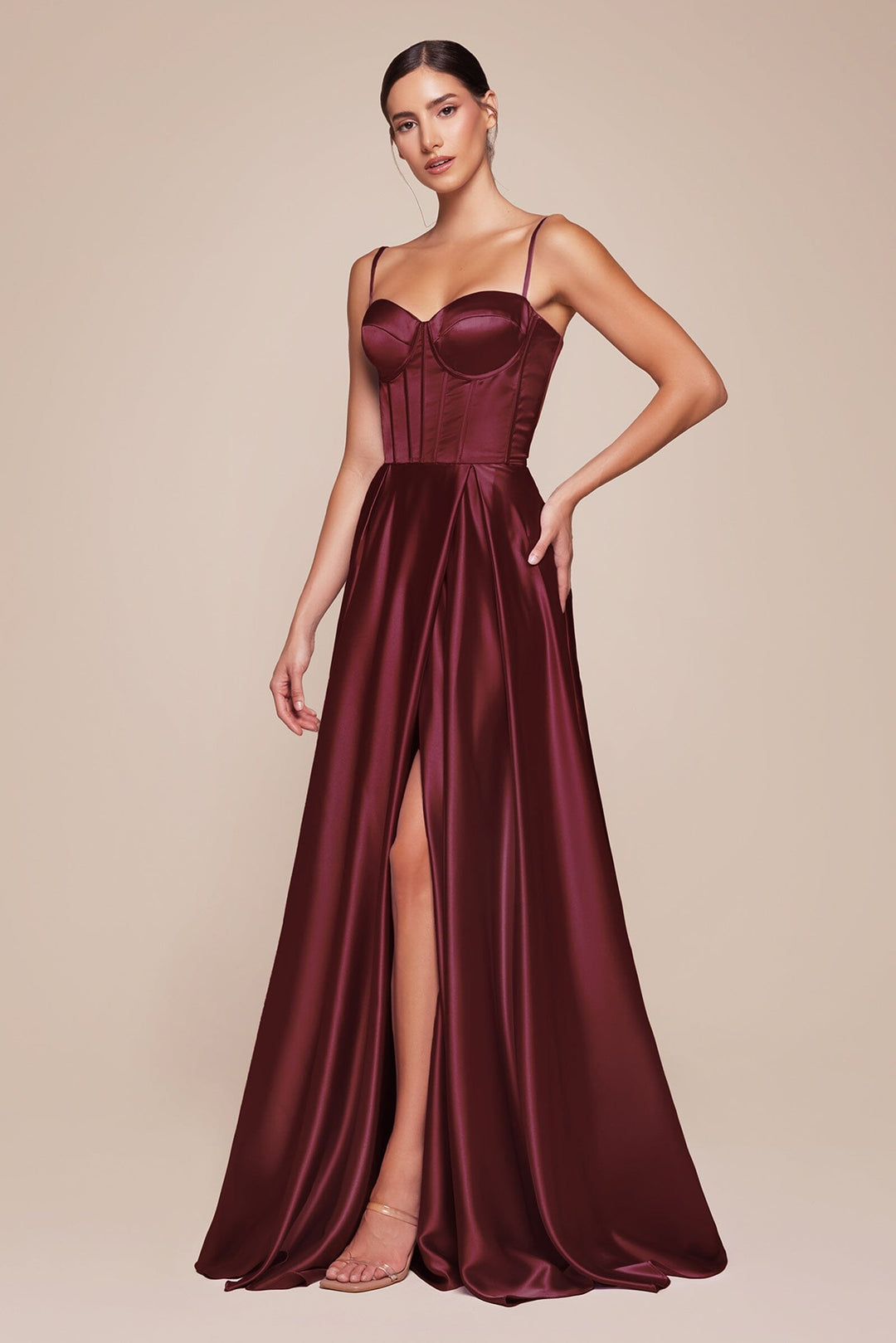 Satin Sleeveless Corset A-line Slit Gown by Ladivine CD337