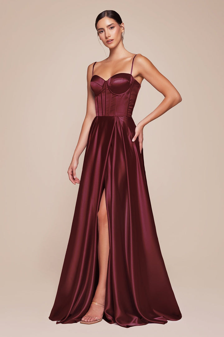 Satin Sleeveless Corset A-line Slit Gown by Ladivine CD337