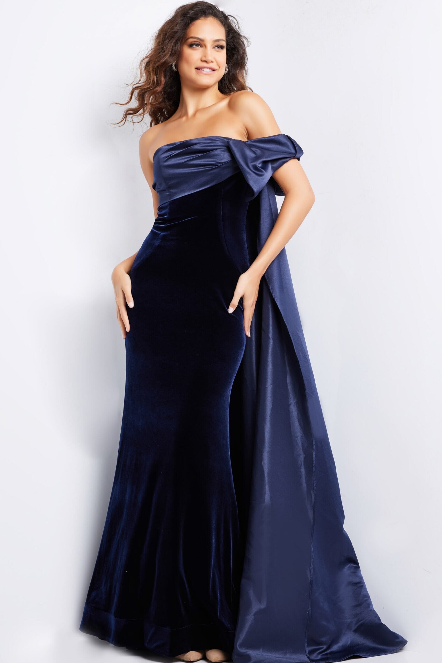 Satin Velvet Off Shoulder A-line Gown by Jovani 37391 – ABC Fashion