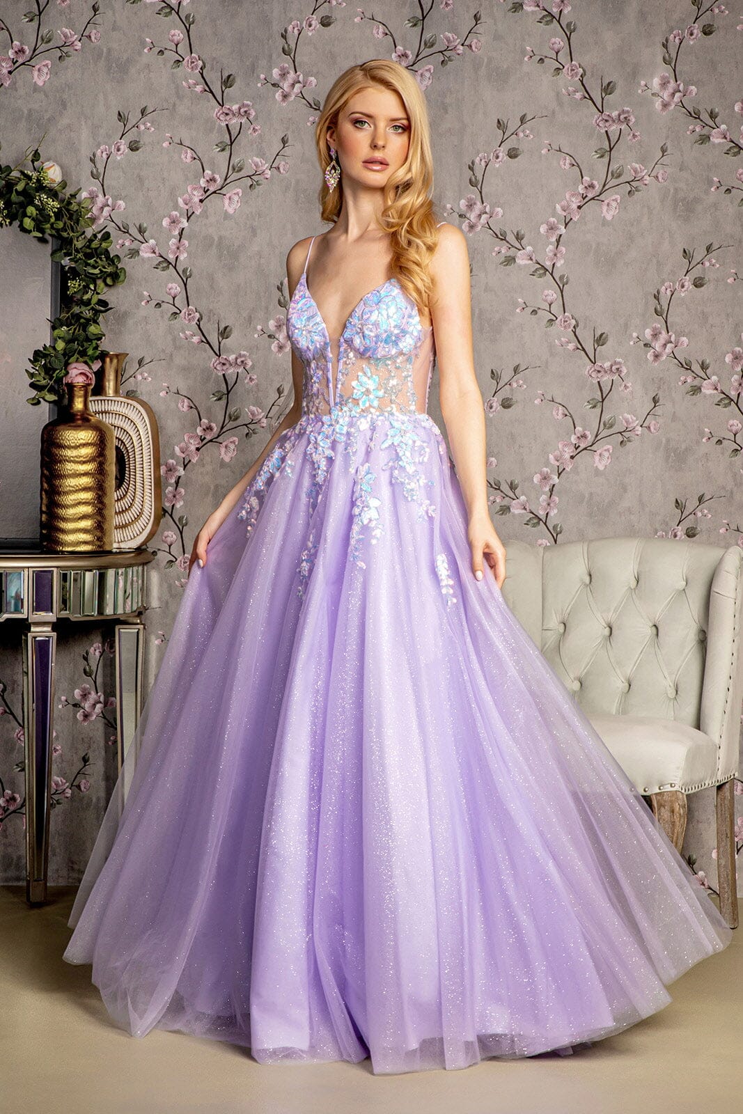 Sequin Applique Sleeveless A-line Gown by GLS Gloria GL3226 XL / Lilac