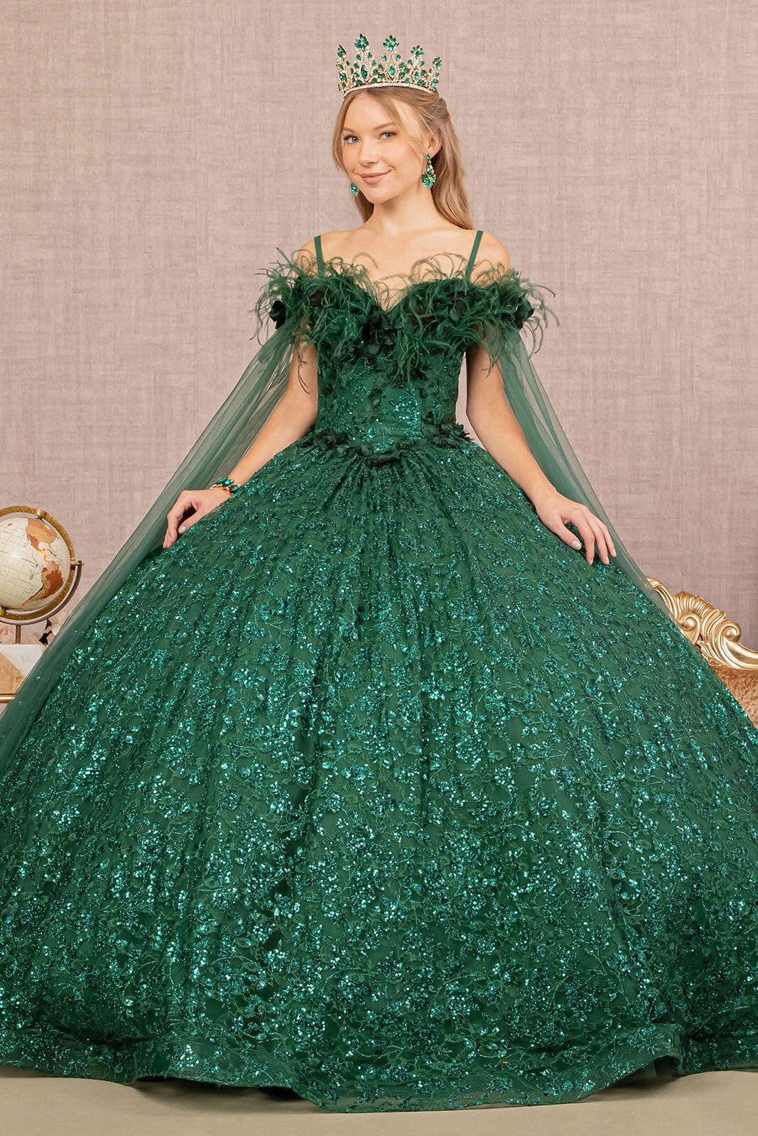 Sequin Cape Sleeve Feather Ball Gown by Elizabeth KGL3169 - 2XL / Green Sequin Cape Sleeve Feather Ball Gown by Elizabeth KGL3169 - 2XL / Green