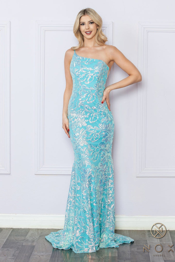 Sequin Floral Print One Shoulder Gown by Nox Anabel R1308