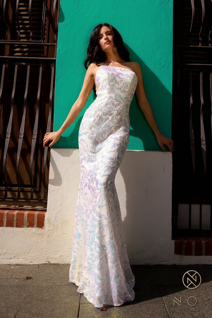 Sequin Floral Print One Shoulder Gown by Nox Anabel R1308