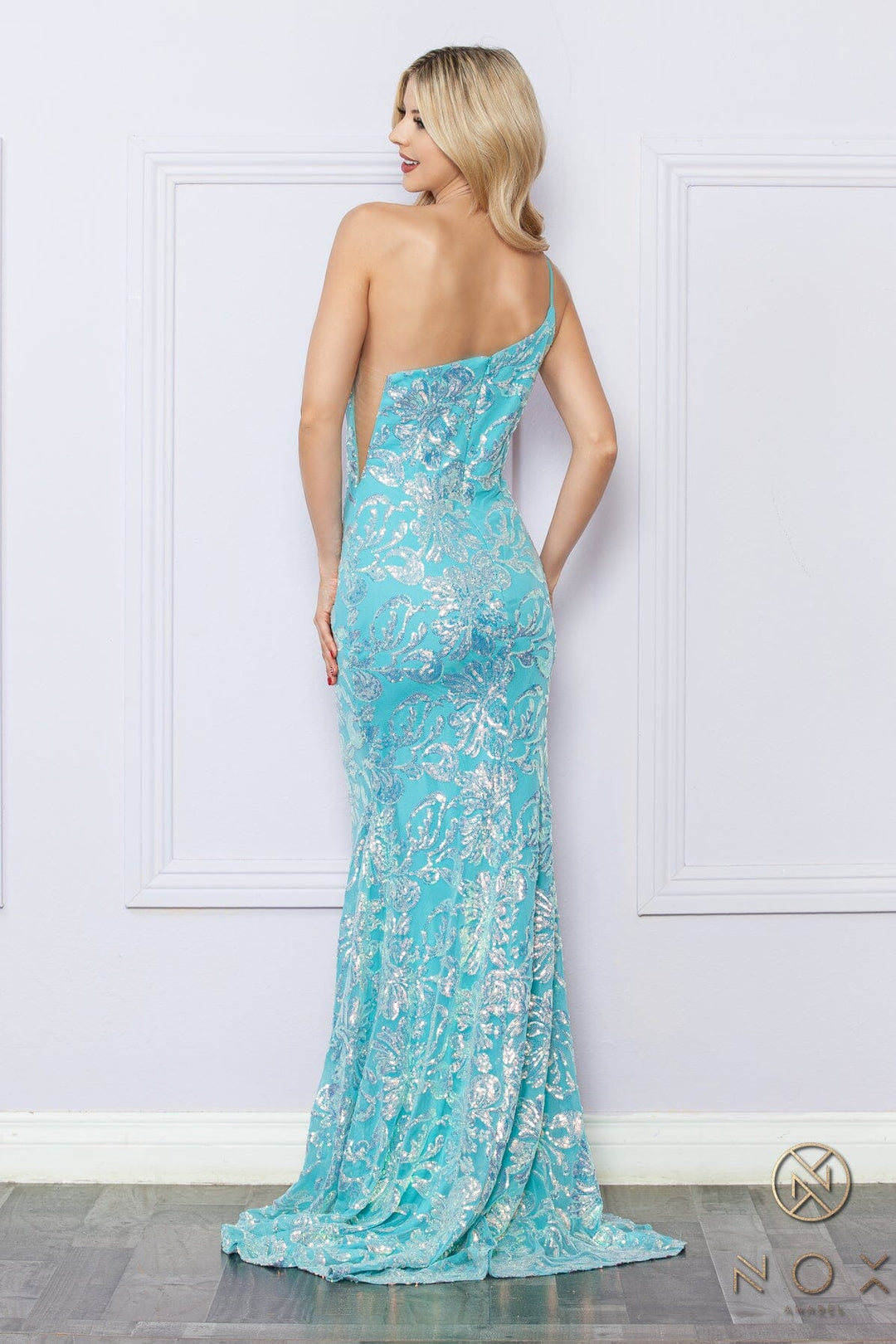 Sequin Floral Print One Shoulder Gown by Nox Anabel R1308
