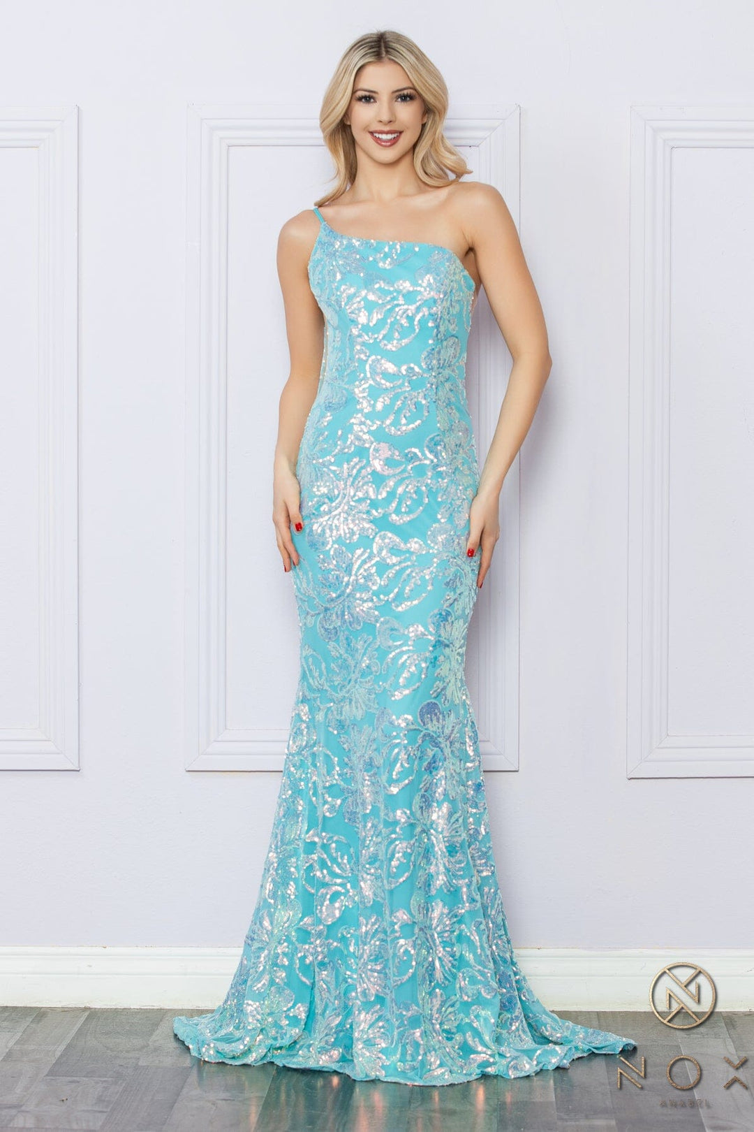 Sequin Floral Print One Shoulder Gown by Nox Anabel R1308