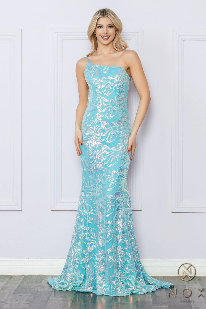Sequin Floral Print One Shoulder Gown by Nox Anabel R1308