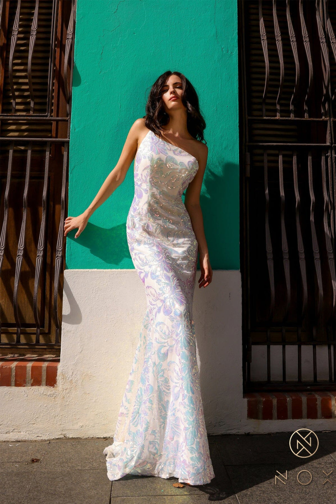 Sequin Floral Print One Shoulder Gown by Nox Anabel R1308