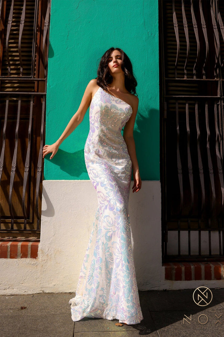 Sequin Floral Print One Shoulder Gown by Nox Anabel R1308