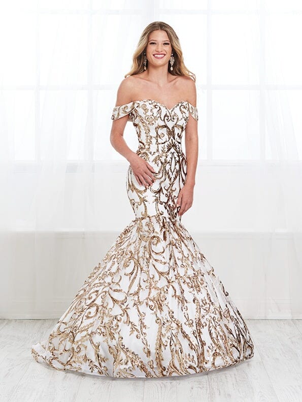 Sequin Print Off Shoulder Mermaid Dress by Tiffany Designs 16394 2 / Ivory/Gold Sequin Print Off Shoulder Mermaid Dress by Tiffany Designs 16394 2 / Ivory/Gold