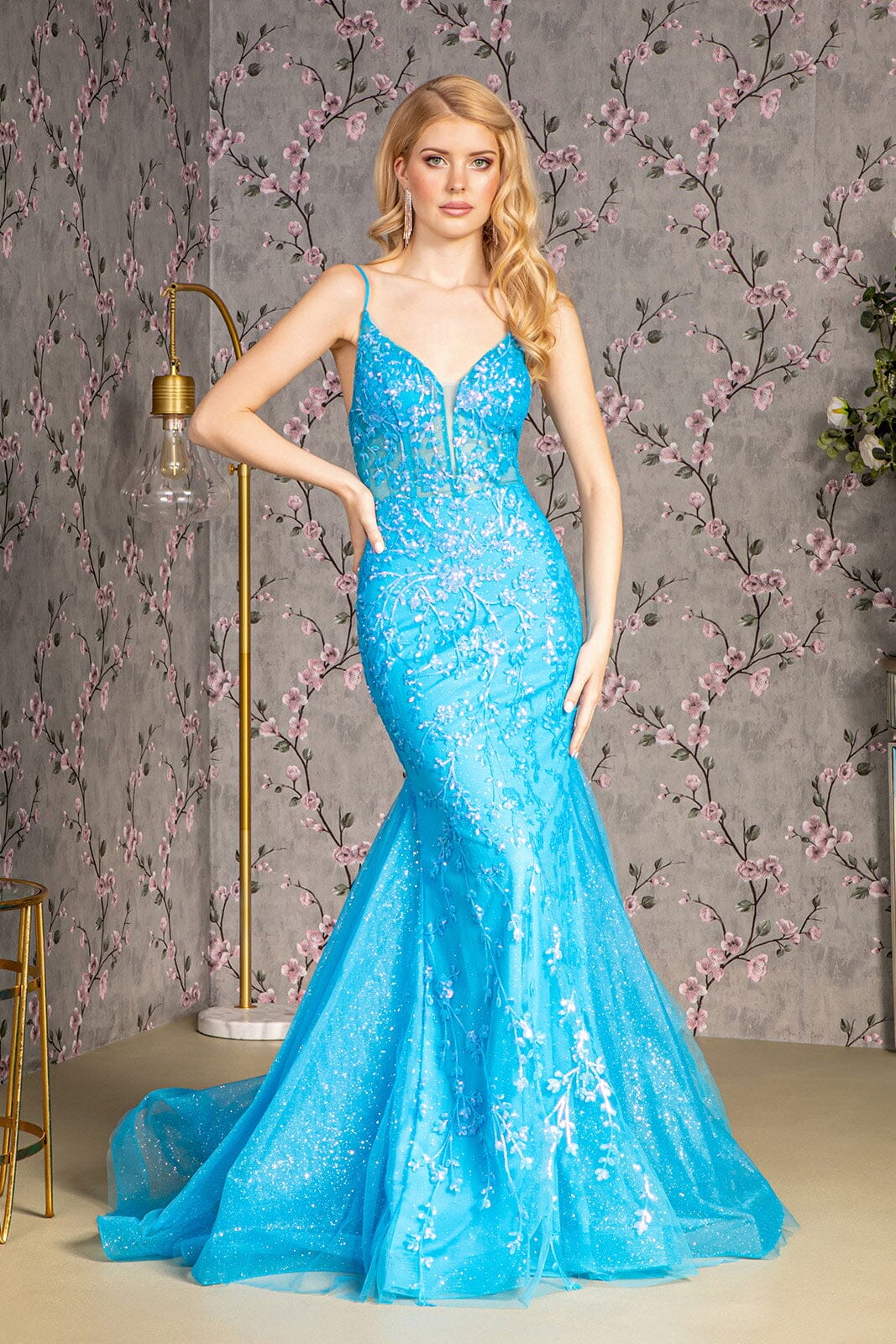 Sequin Print Sleeveless Mermaid Dress by GLS Gloria GL3220 XL / Turquoise
