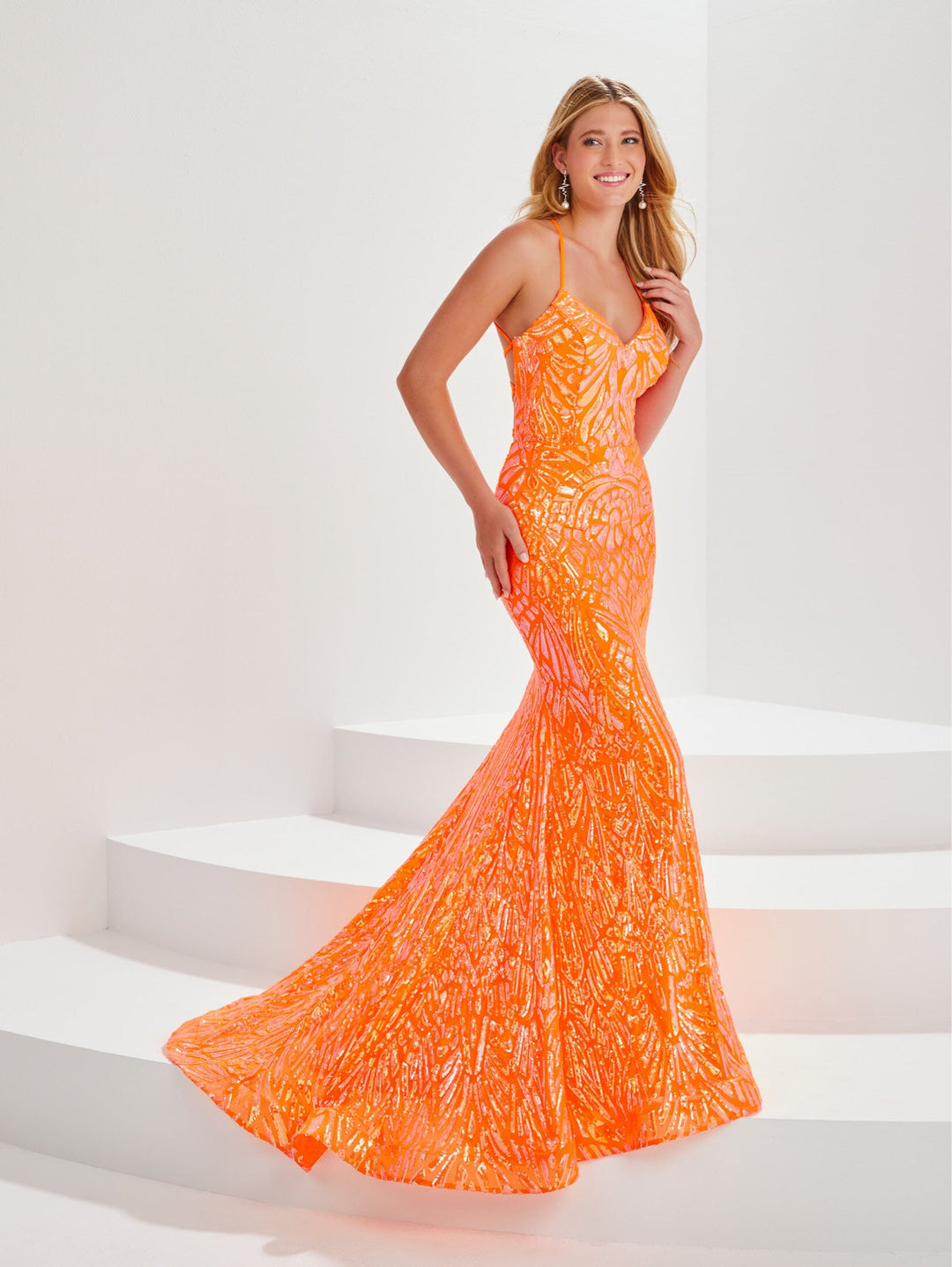 Sequin Print V-Neck Mermaid Dress by Tiffany Designs 16016
