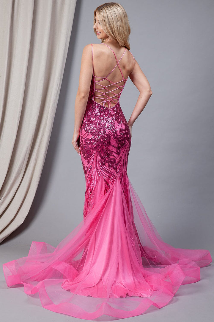 Sequin Print V-Neck Mermaid Gown by Amelia Couture 7021