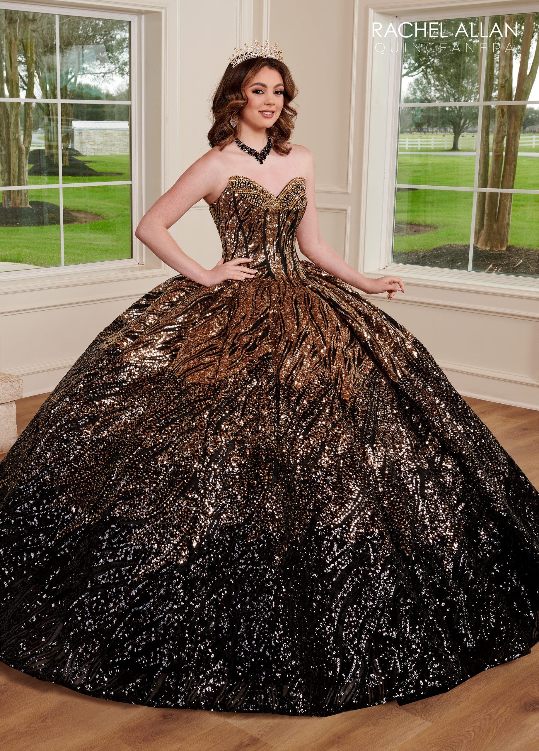 Sequin Tulle Strapless Quinceanera Dress by Rachel Allan RQ3121 6 / Gold Black Sequin Tulle Strapless Quinceanera Dress by Rachel Allan RQ3121 6 / Gold Black