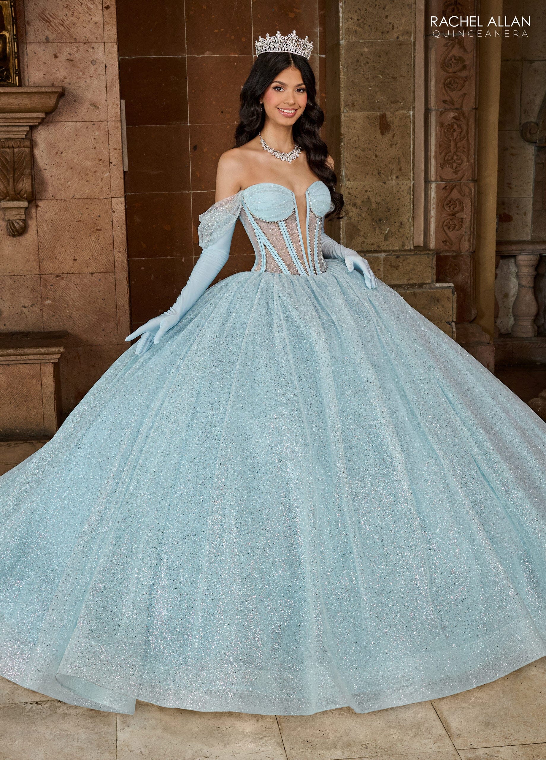 Sheer Corset Glitter Quinceanera Dress by Rachel Allan RQ2183 22W / Deep Champagne Sheer Corset Glitter Quinceanera Dress by Rachel Allan RQ2183 22W / Deep Champagne