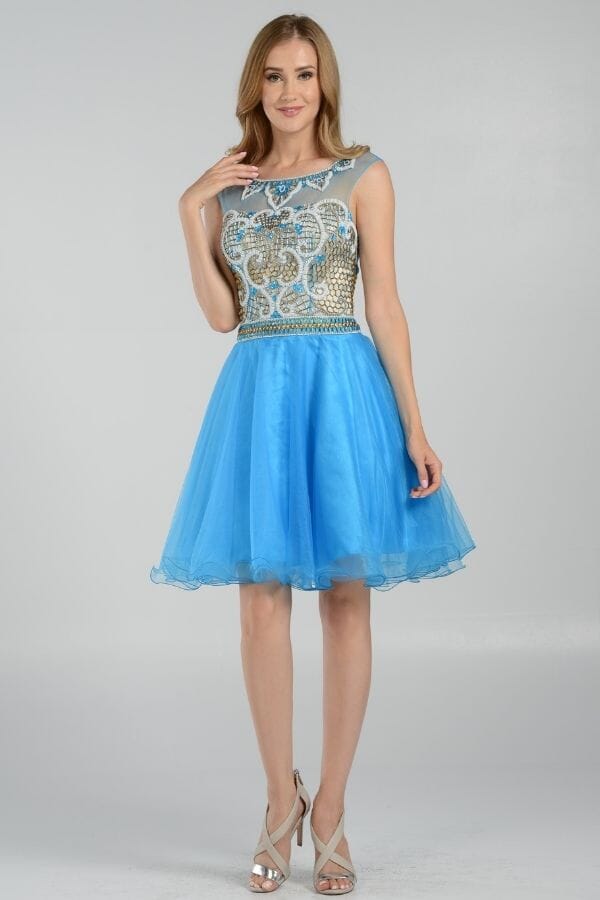 Short Sleeveless Beaded A-Line Dress By Poly USA 7542 L / Blue Short Sleeveless Beaded A-Line Dress By Poly USA 7542 L / Blue