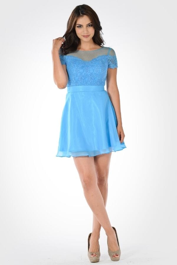 Short Lace Bodice Dress with Short Sleeves by Poly USA 7518 L / Blue