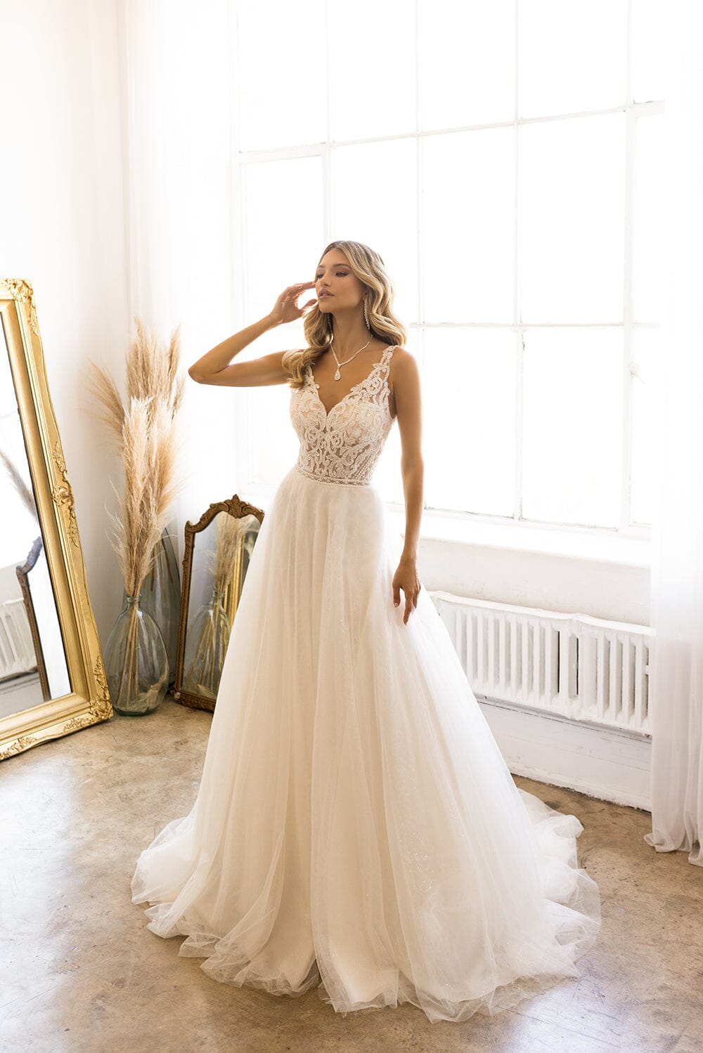 a line lace bodice wedding dress Elegant Ivory A-Line Wedding Gown with High-Neck Lace Bodice – Long Sleeves Wedding Dress with Floral Appliques Plus Size main image 1