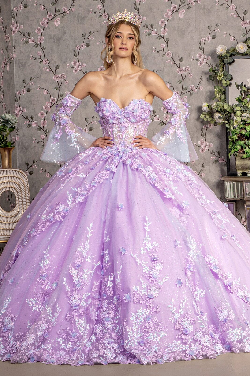 Strapless Bell Sleeve Corset Ball Gown by GLS Gloria GL3470 3XL / Lilac Strapless Bell Sleeve Corset Ball Gown by GLS Gloria GL3470 3XL / Lilac
