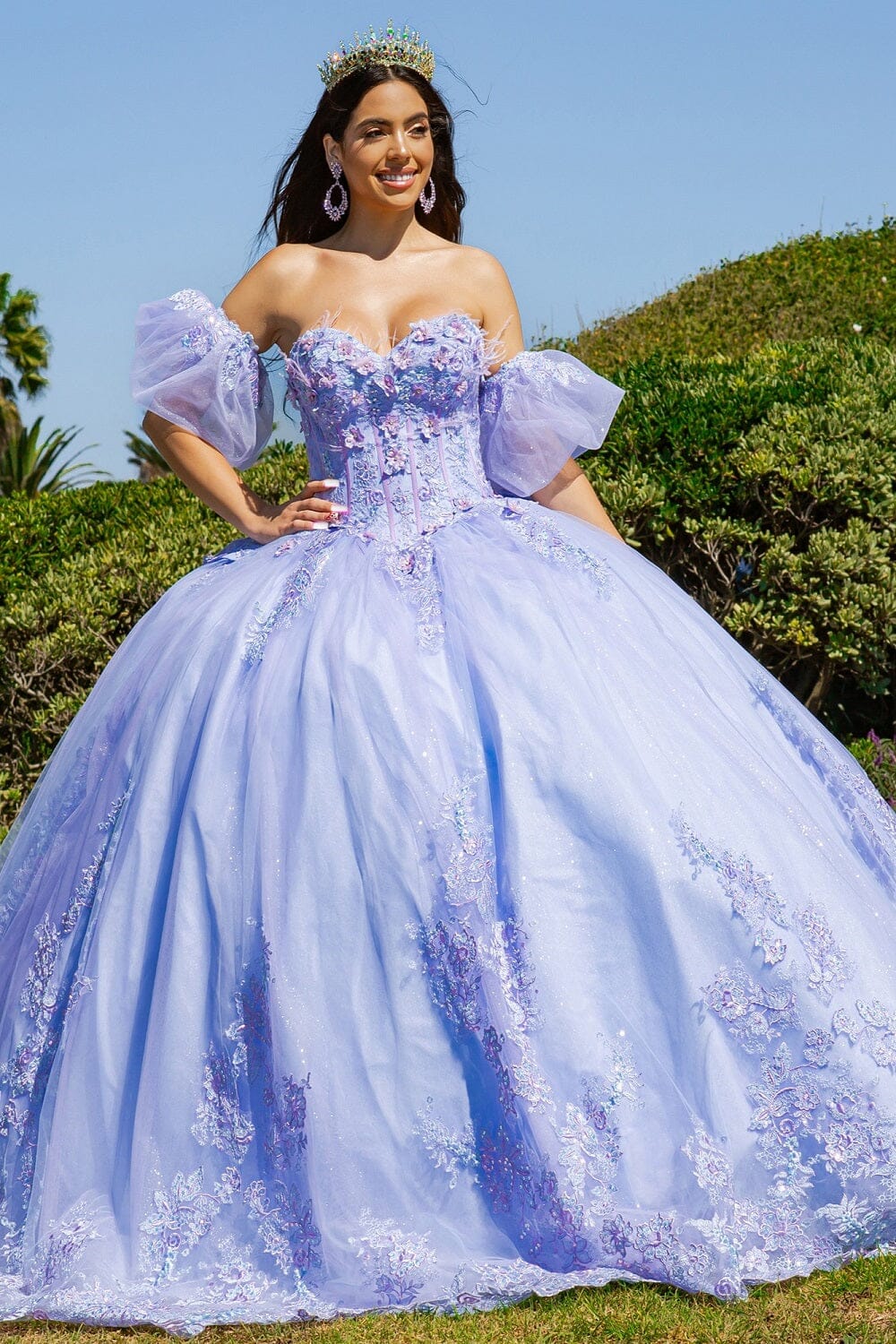 Strapless Puff Sleeve Ball Gown by Cinderella Couture 8115J L / Blue