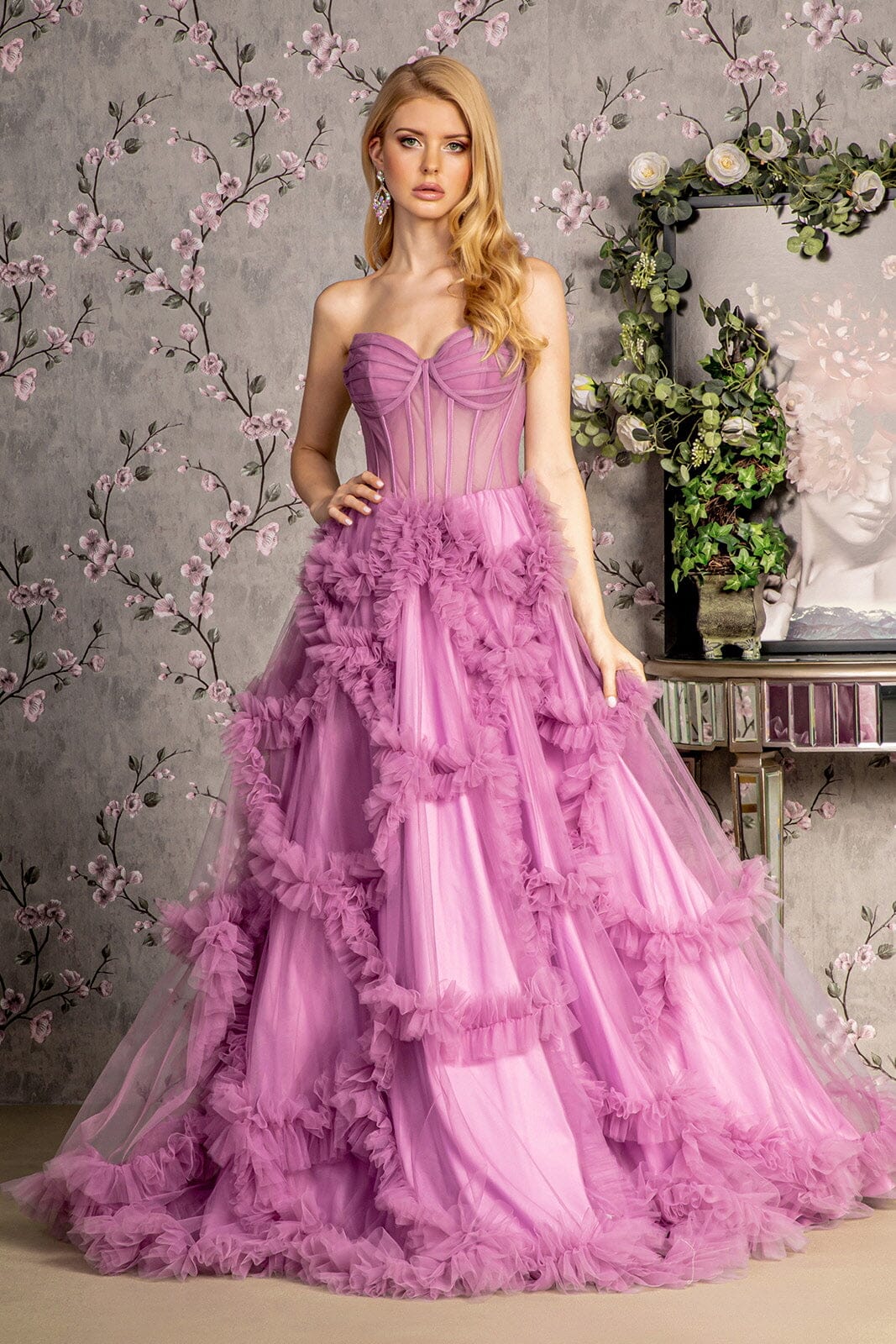light purple corset dress Strapless Sheer Corset Ruffled Gown by GLS Gloria GL3455 3XL / Light Purple