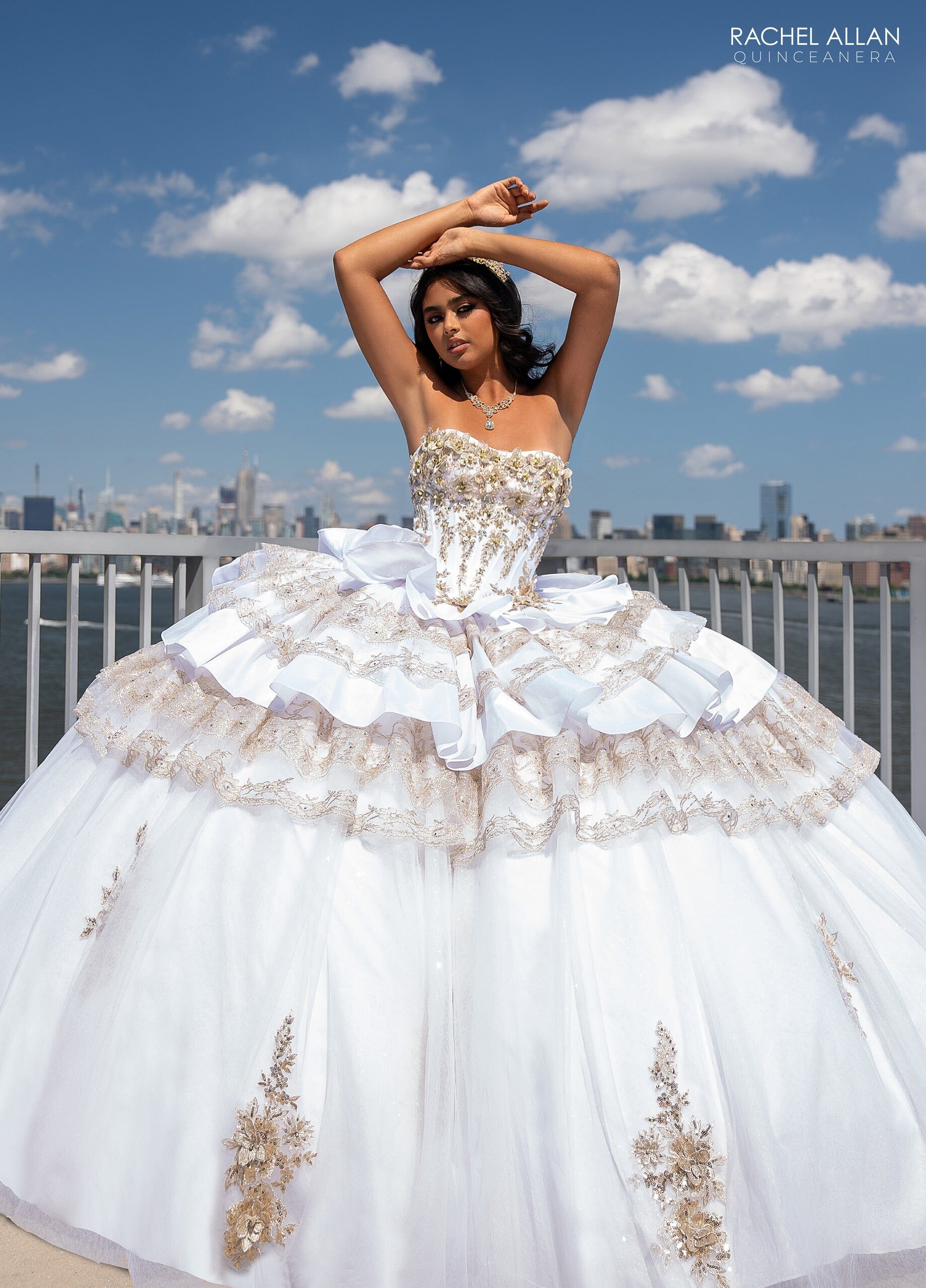 Strapless Tiered Quinceanera Dress by Rachel Allan RQ5003 28W / White Gold Strapless Tiered Quinceanera Dress by Rachel Allan RQ5003 28W / White Gold