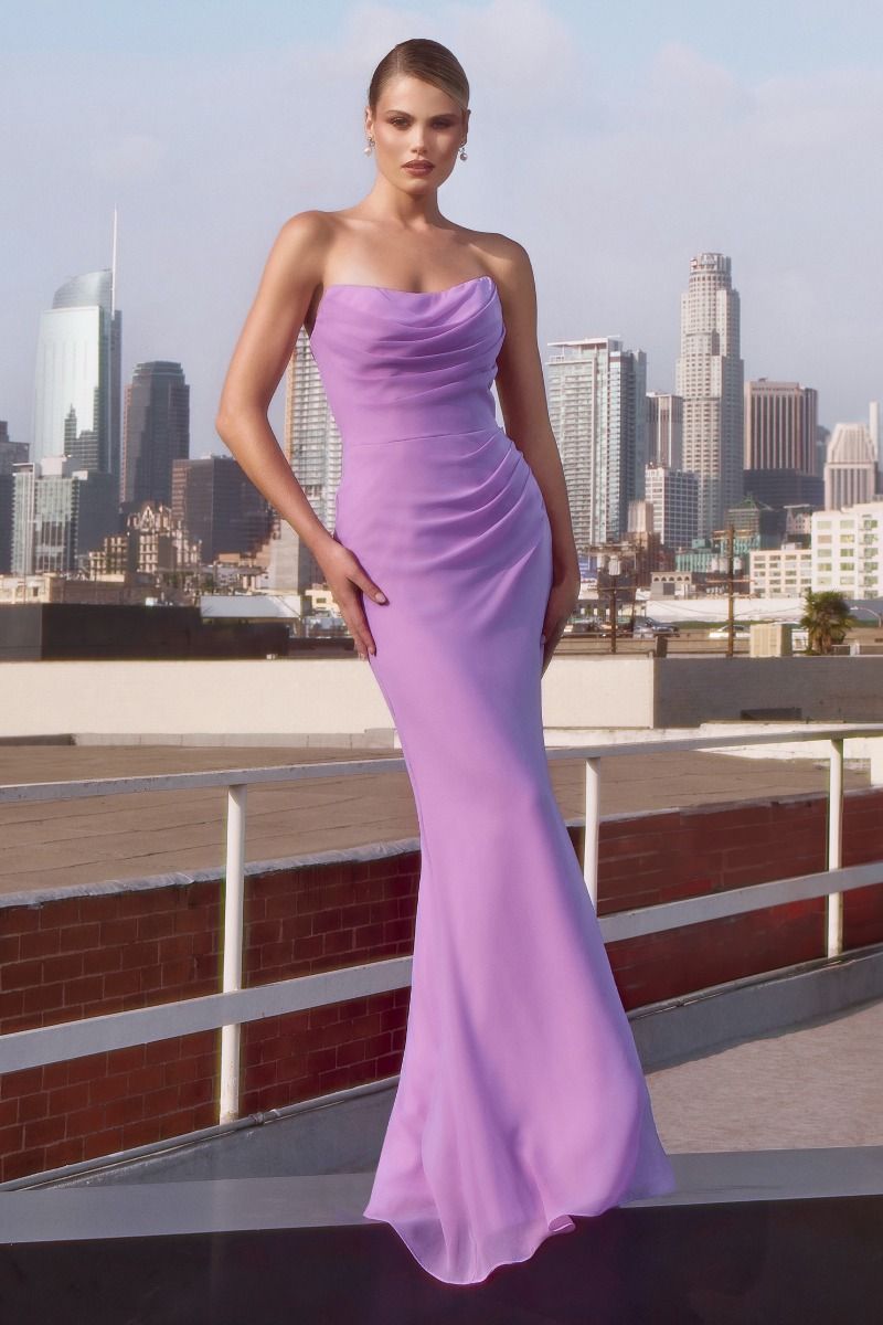 Chiffon Fitted Long Strapless Dress by Amoris T702