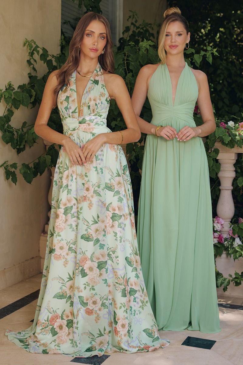 Amoris T719 Floral A-Line Gown with Gathered Waist and Halter Tie Neck Sage / XL