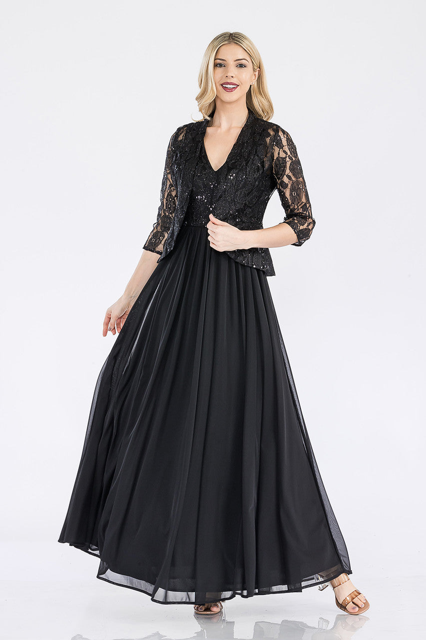 2-Piece Lace Jacket A-line Gown by Lenovia 5237 L / Black 2-Piece Lace Jacket A-line Gown by Lenovia 5237 L / Black