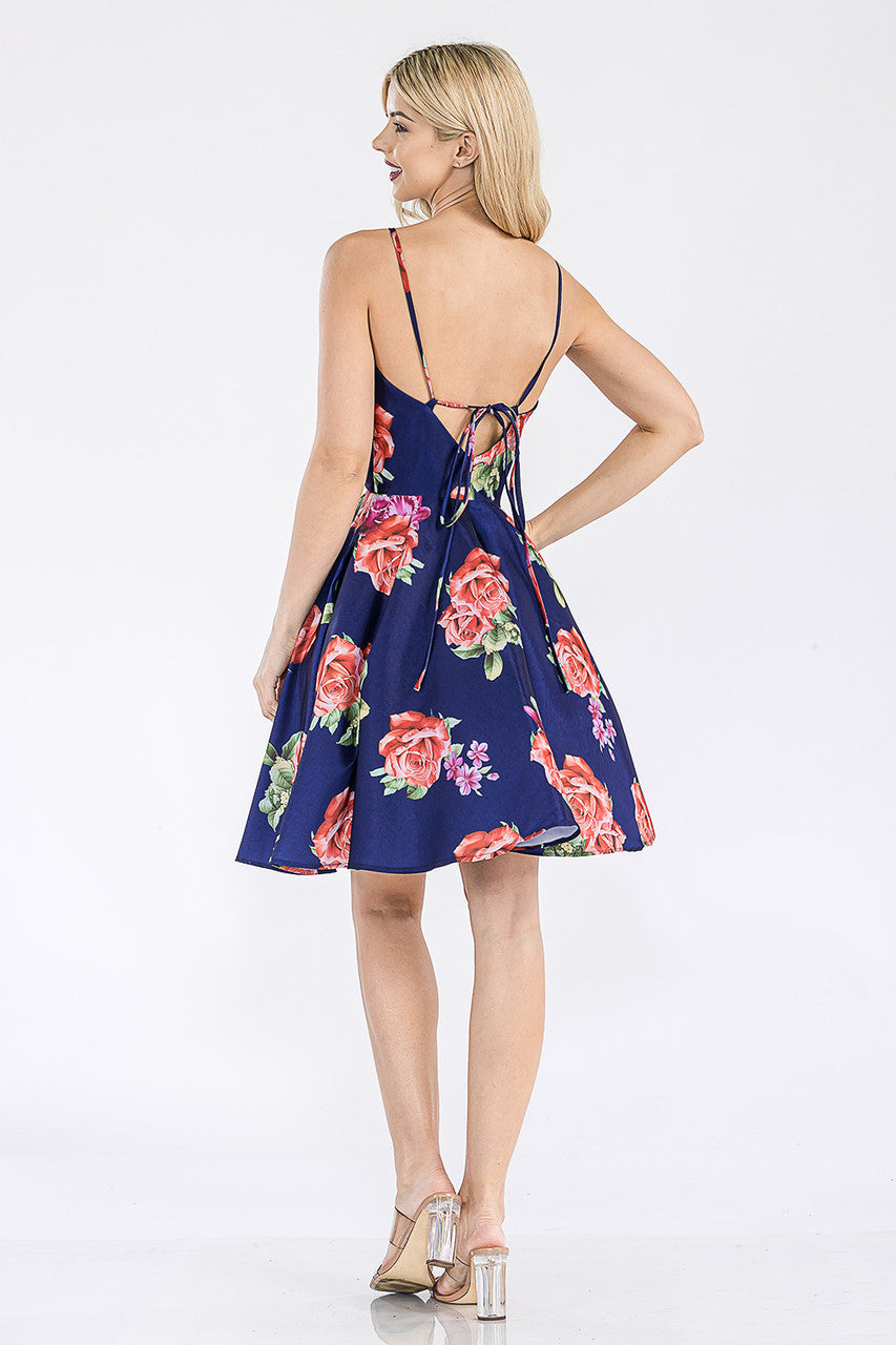 Print Short V-Neck A-line Dress by Lenovia 5307
