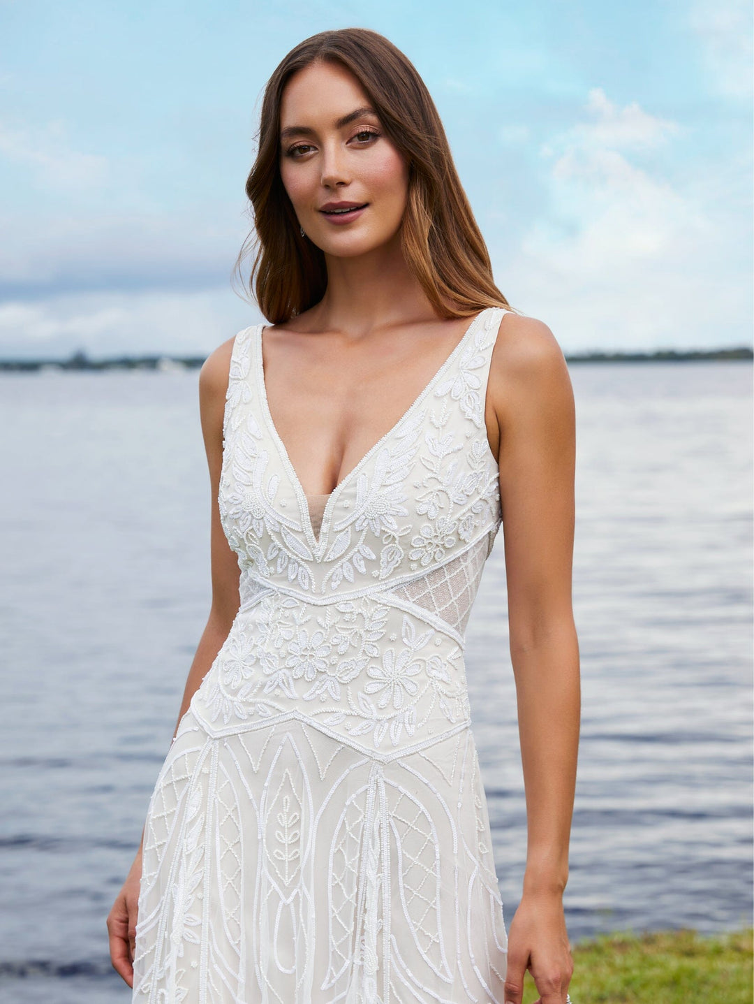 V-Neck Sheer Slit Bridal Dress by Adrianna Papell 40365