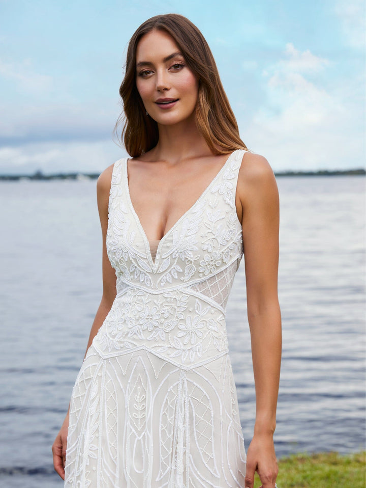 V-Neck Sheer Slit Bridal Dress by Adrianna Papell 40365
