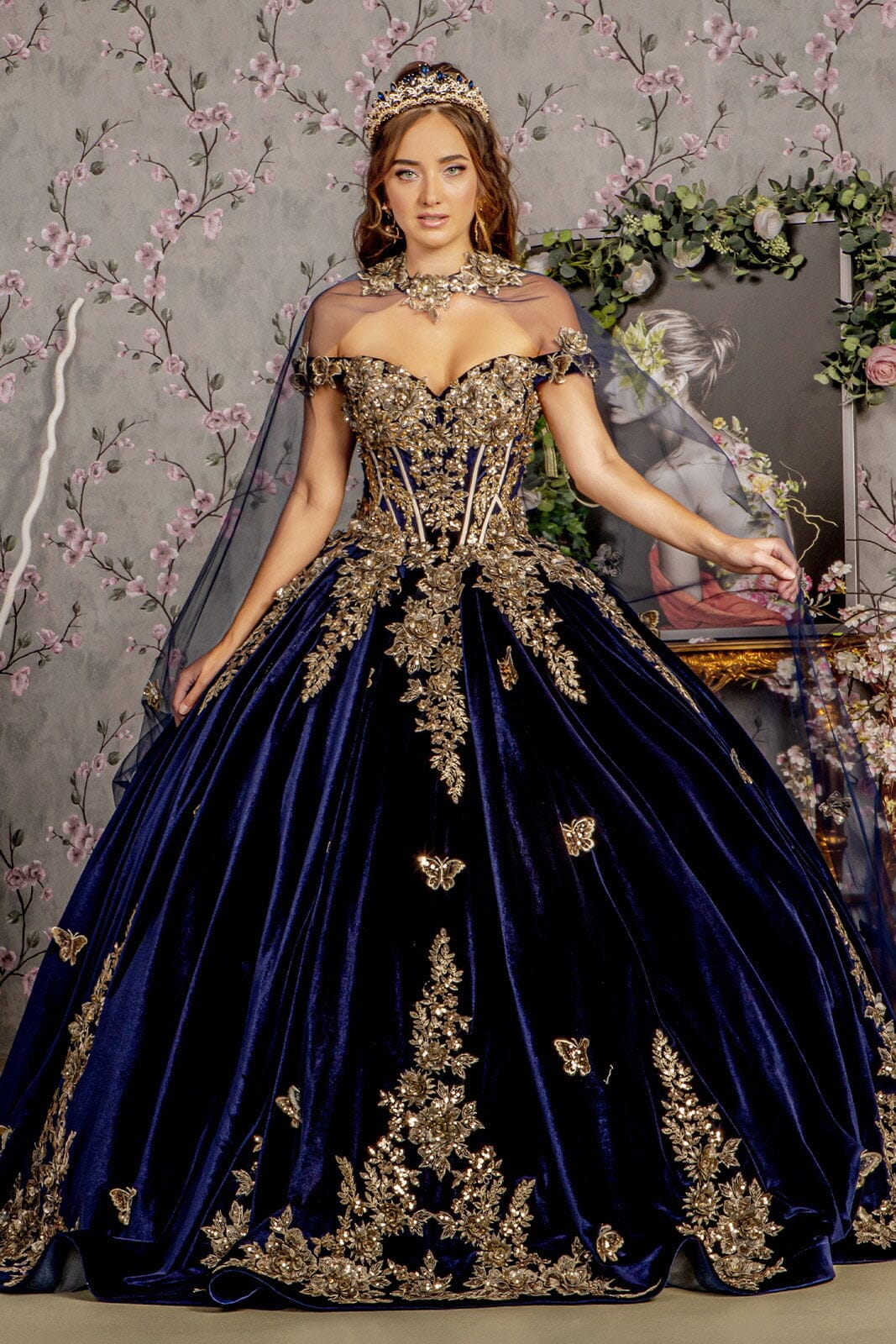 Velvet Off Shoulder Cape Ball Gown by GLS Gloria GL3471 3XL / Navy Velvet Off Shoulder Cape Ball Gown by GLS Gloria GL3471 3XL / Navy
