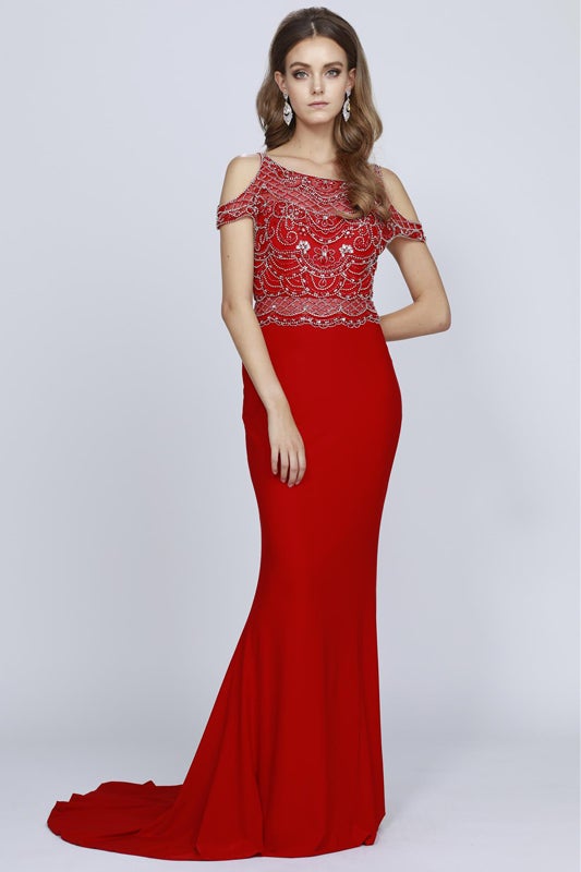 Beaded Long Cold Shoulder Fitted Dress by Juliet 660 ABC Fashion Beaded Long Cold Shoulder Fitted Dress by Juliet 660 ABC Fashion