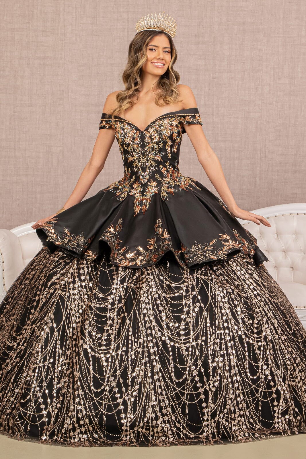 Off Shoulder 2-Piece Satin Gown by Elizabeth KGL3098 - Black/Gold / S Off Shoulder 2-Piece Satin Gown by Elizabeth KGL3098 - Black/Gold / S