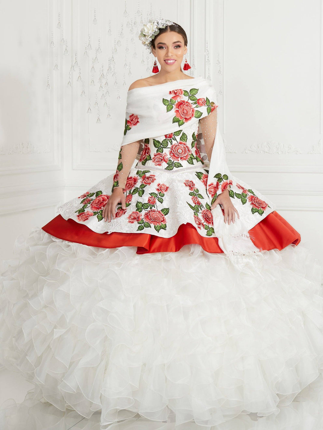 3-Piece Floral Charro Quinceanera Dress by LA Glitter 24075