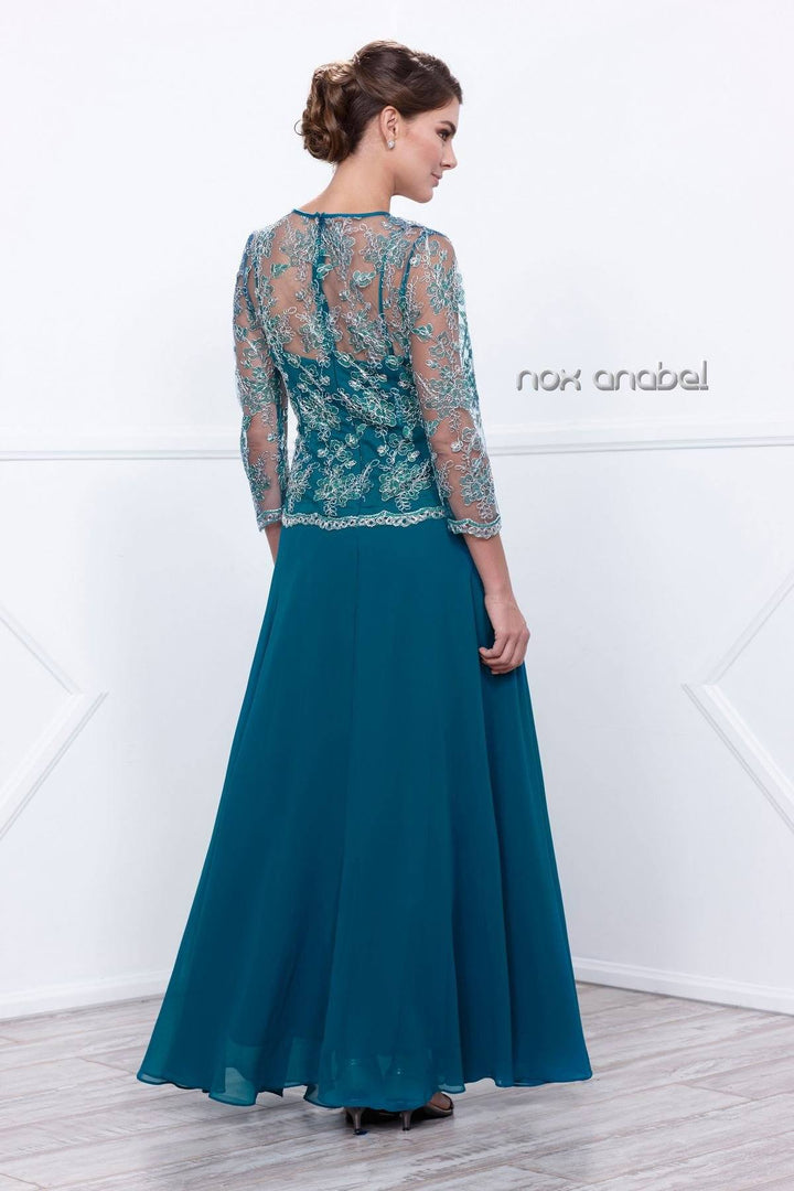 3/4 Length Sleeve Embroidered Illusion Dress by Nox Anabel 5096-Long Formal Dresses-ABC Fashion