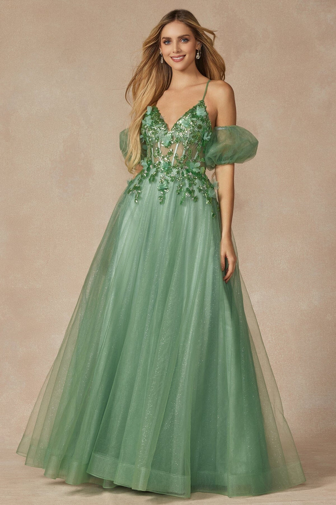 3D Butterfly Puff Sleeve Corset Gown by Juliet 2401
