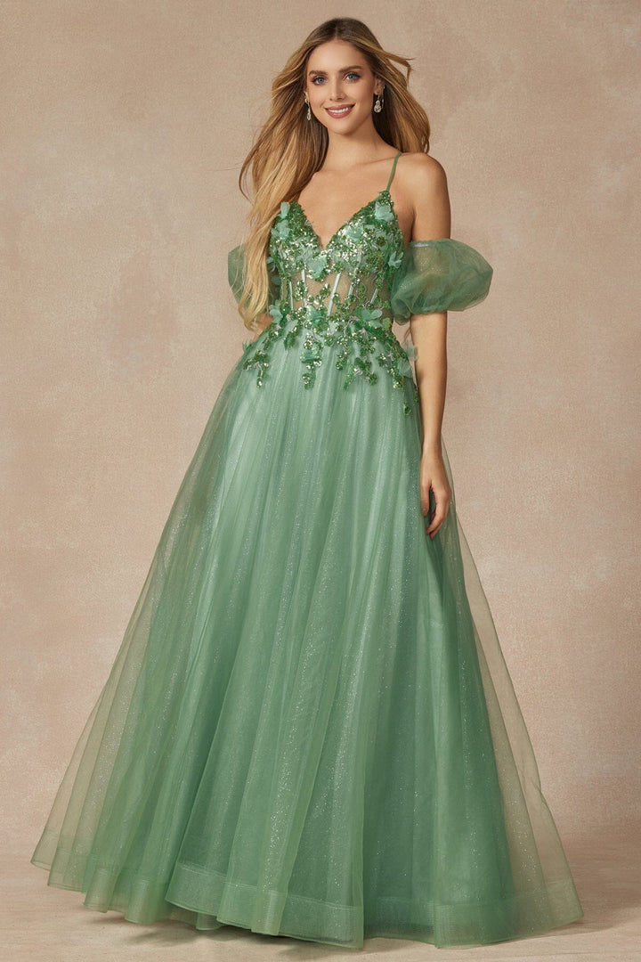 3D Butterfly Puff Sleeve Corset Gown by Juliet 2401