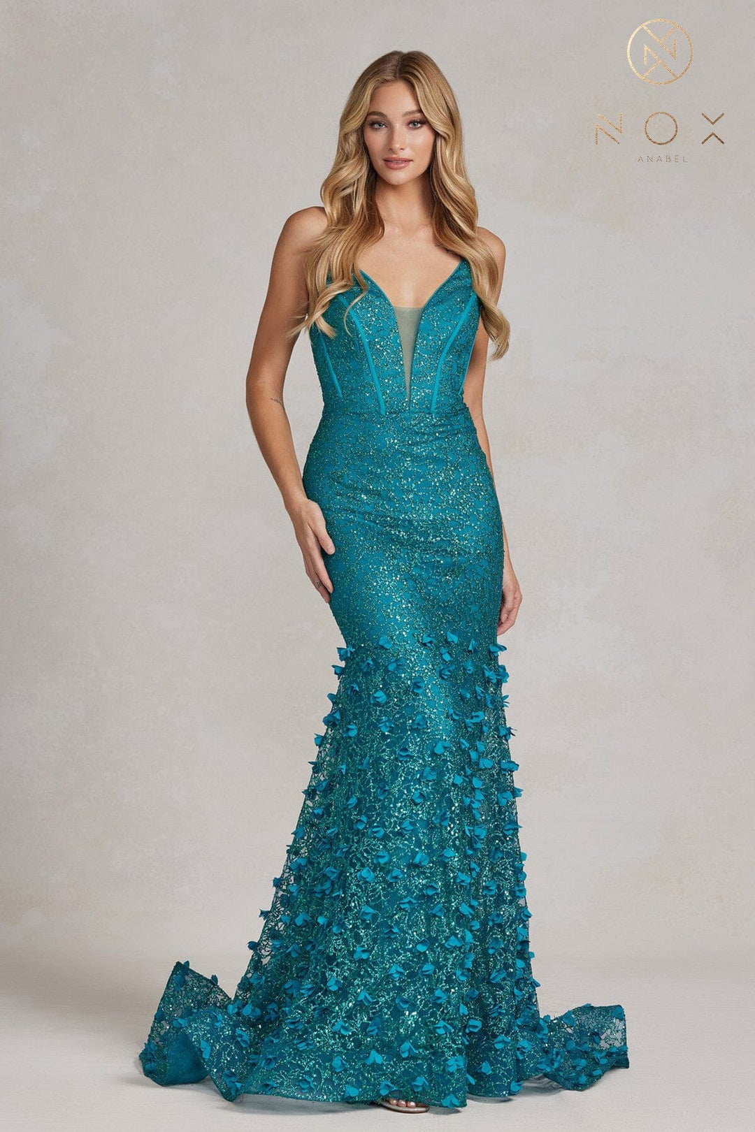 3D Floral Glitter Mermaid Gown by Nox Anabel C1110