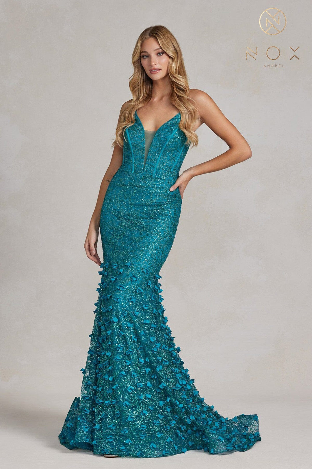 3D Floral Glitter Mermaid Gown by Nox Anabel C1110