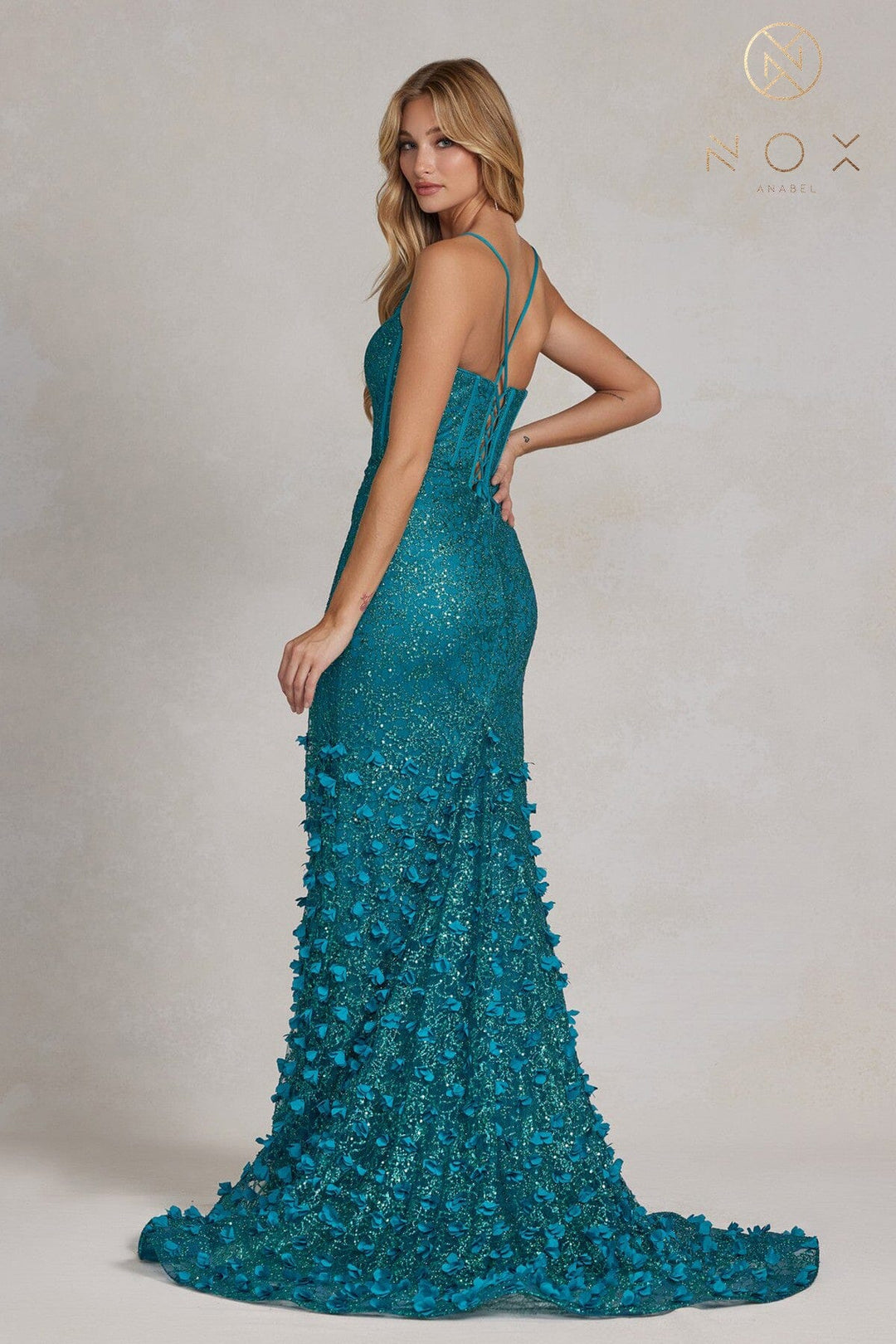 3D Floral Glitter Mermaid Gown by Nox Anabel C1110