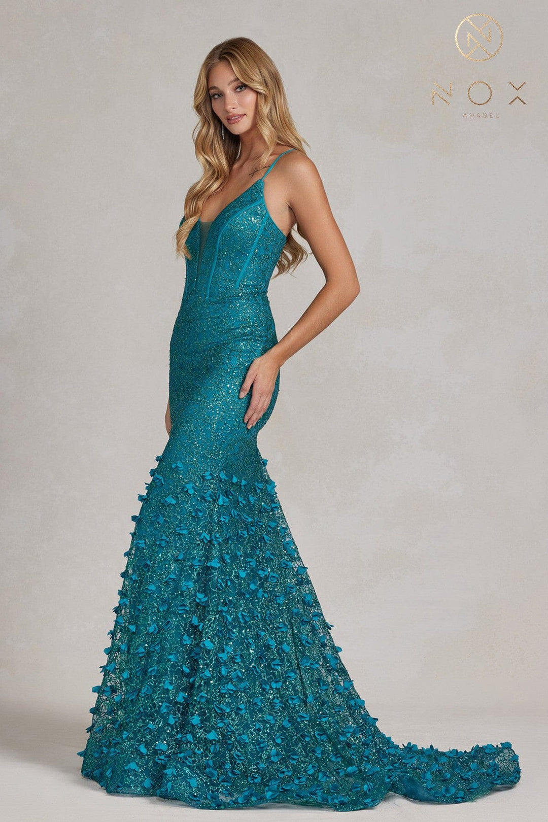 3D Floral Glitter Mermaid Gown by Nox Anabel C1110