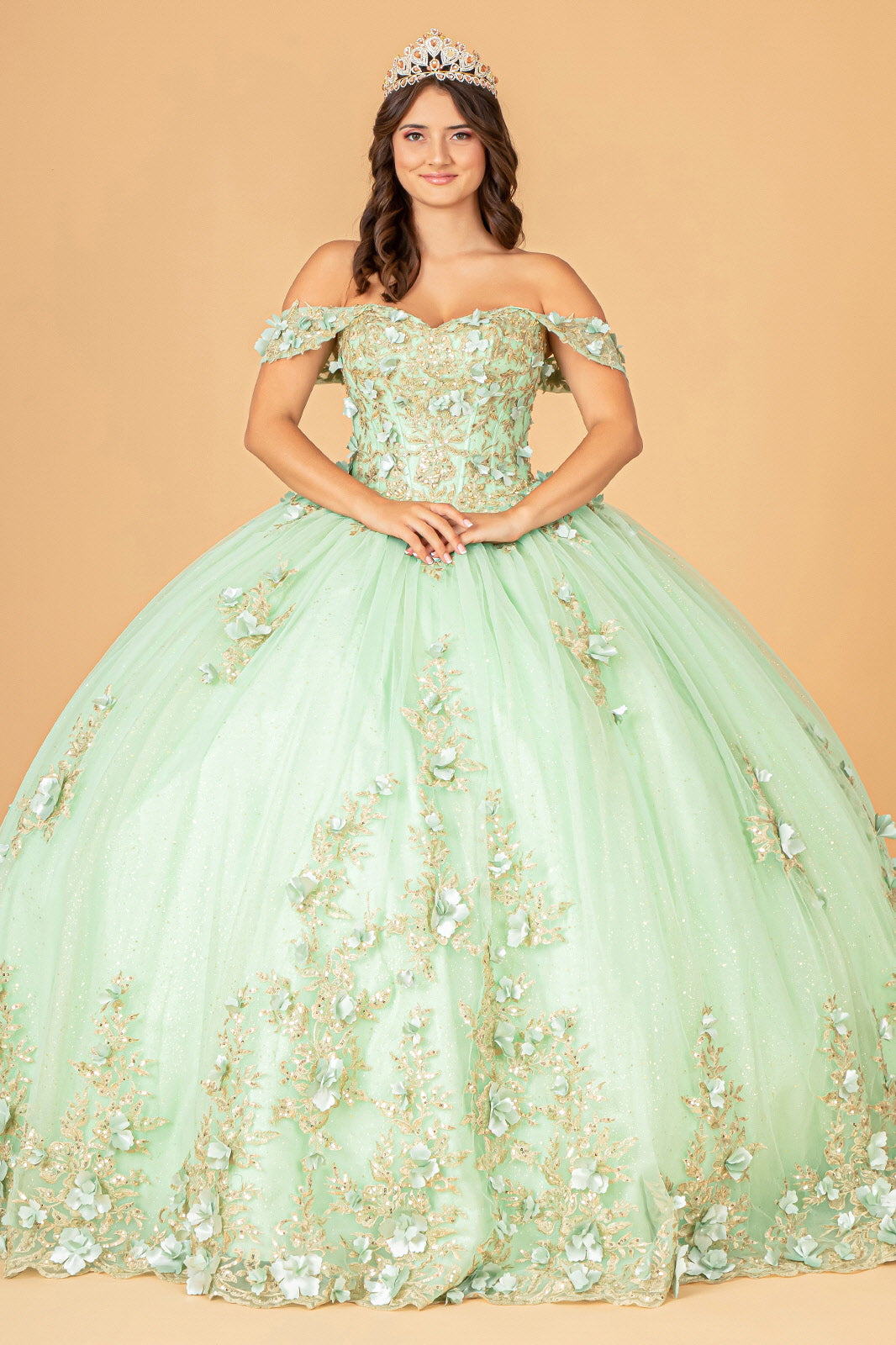 Elizabeth K 3D Floral Off Shoulder Ball Gown Formal Dress Shops Xs / Sage Elizabeth K 3D Floral Off Shoulder Ball Gown Formal Dress Shops Xs / Sage