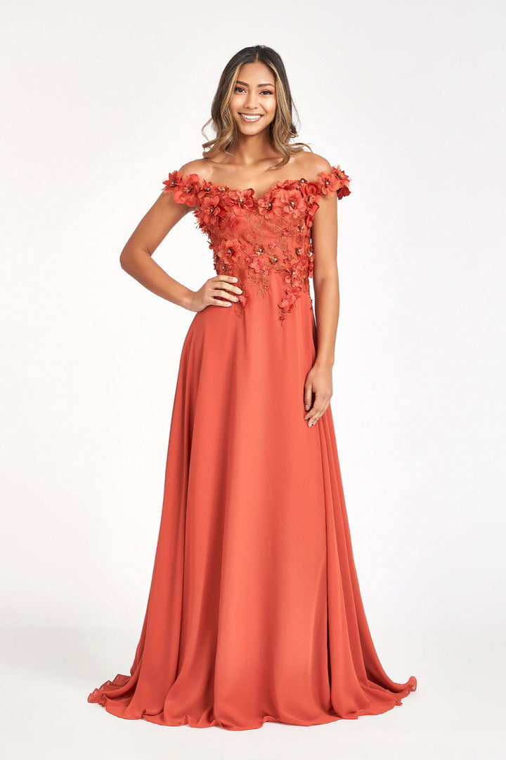 3D Floral Off Shoulder Slit Gown by Elizabeth K GL3018