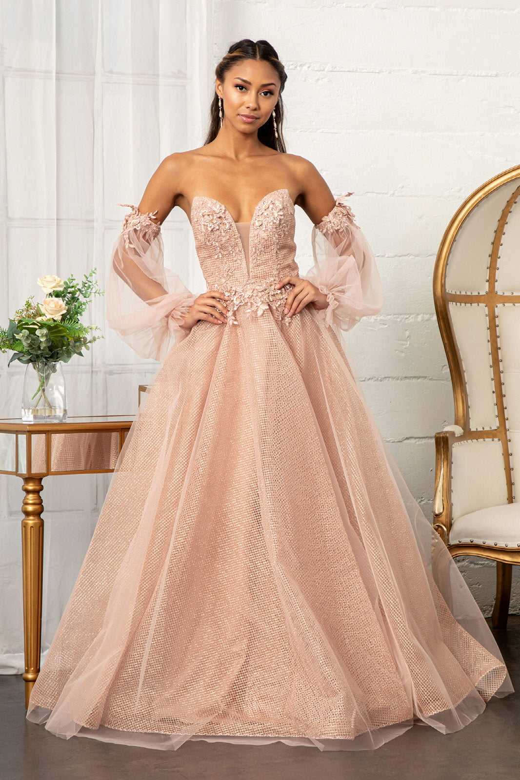 3D Floral Puff Sleeve Gown by Elizabeth KGL3015 - 2XL / Rose Gold 3D Floral Puff Sleeve Gown by Elizabeth KGL3015 - 2XL / Rose Gold